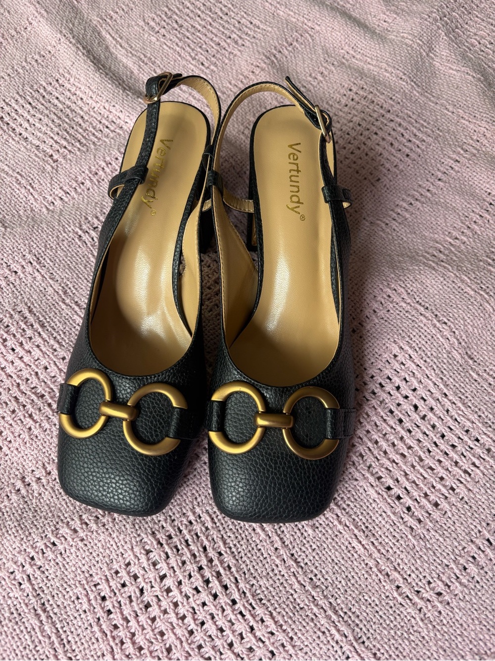 Black Slingback Pumps with Gold Buckle Detail. Worn just once.